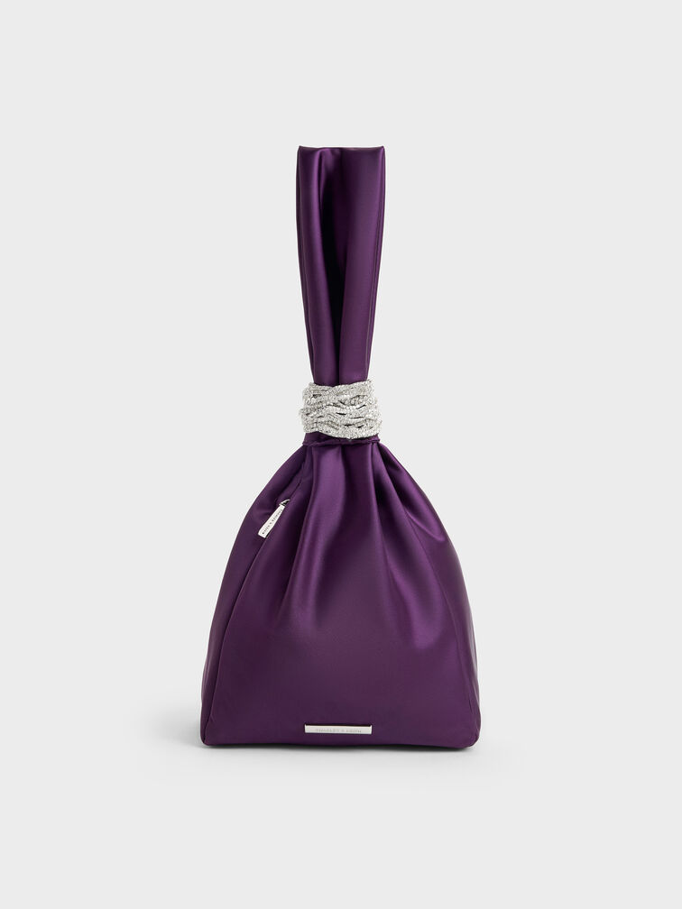 Judie Satin Crystal Wraparound-Chain Clutch, Night Violet, hi-res