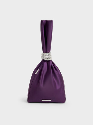 Judie Satin Crystal Wraparound-Chain Clutch, Night Violet, hi-res