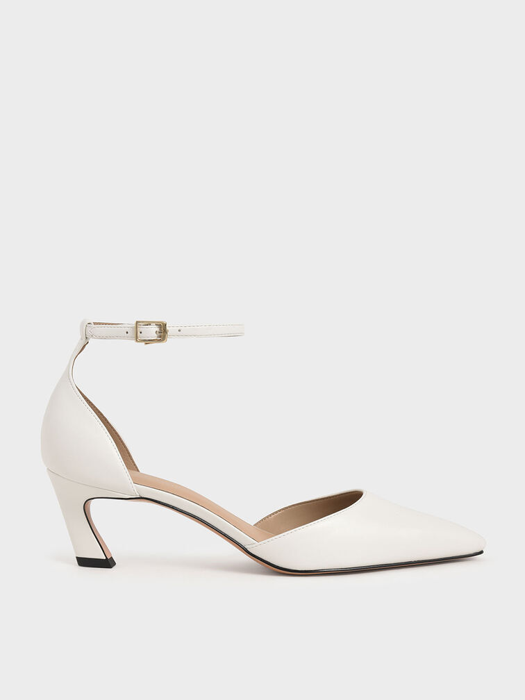 Slant Heel Ankle Strap Pumps, White, hi-res