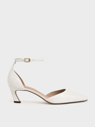Slant Heel Ankle Strap Pumps, White, hi-res