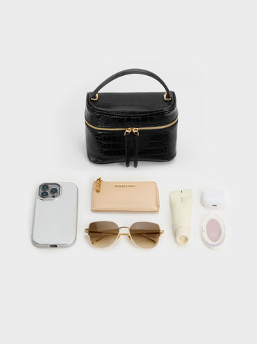 Pansy Croc-Effect Vanity Bag, Black, hi-res
