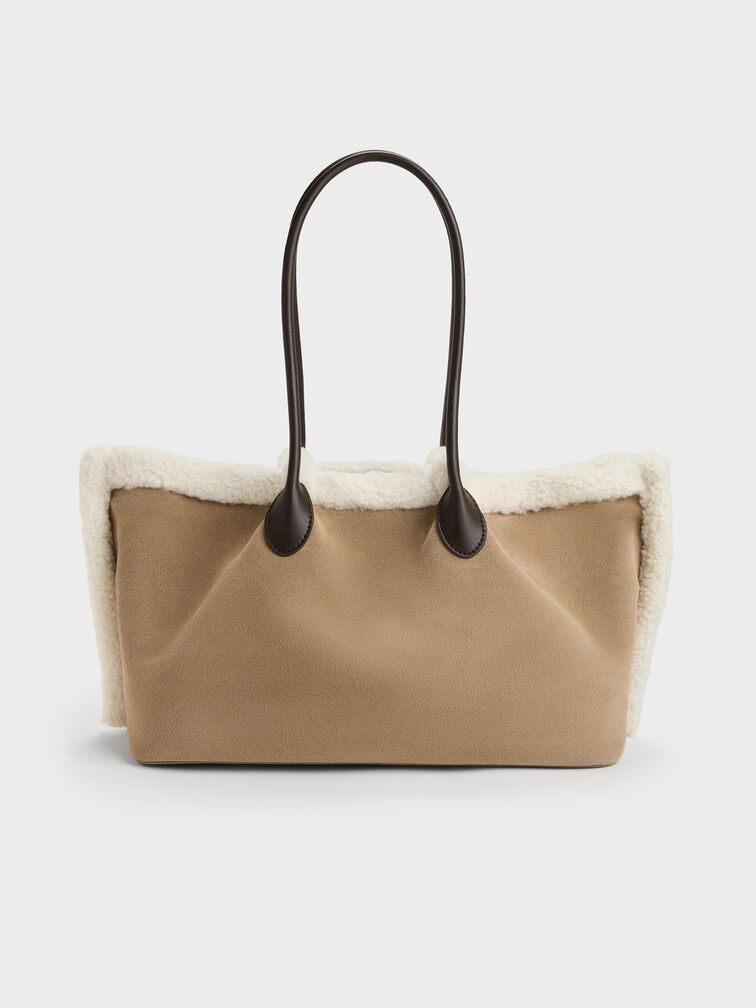 XL Cosima Fur-Trim Tote Bag, Sand, hi-res