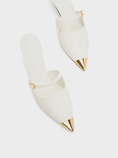 Metallic Cap Heeled Mules, White, hi-res