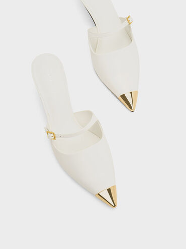 Metallic Cap Heeled Mules, White, hi-res
