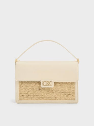 Leather & Raffia Shoulder Bag, Beige, hi-res
