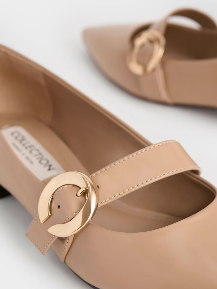Metallic Buckle Leather Mary Janes, Nude, hi-res