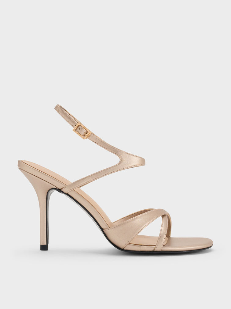 Metallic Crossover Stiletto Sandals, Champagne, hi-res