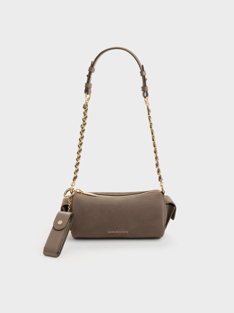 Lottie Faux Suede Side-Pocket Chain Shoulder Bag, Stone Grey, hi-res