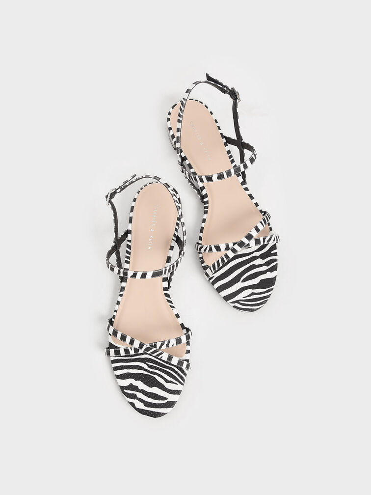 Zebra Print Strappy Flat Sandals, Animal Print Natural, hi-res