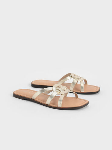 Ring Detail Metallic Strappy Flats, Gold, hi-res