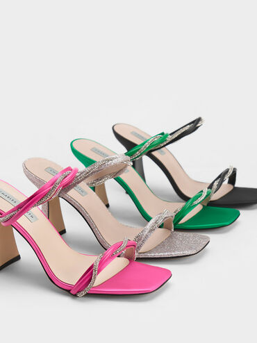 Embellished Twisted Strap Glittered Sandals, Silver, hi-res