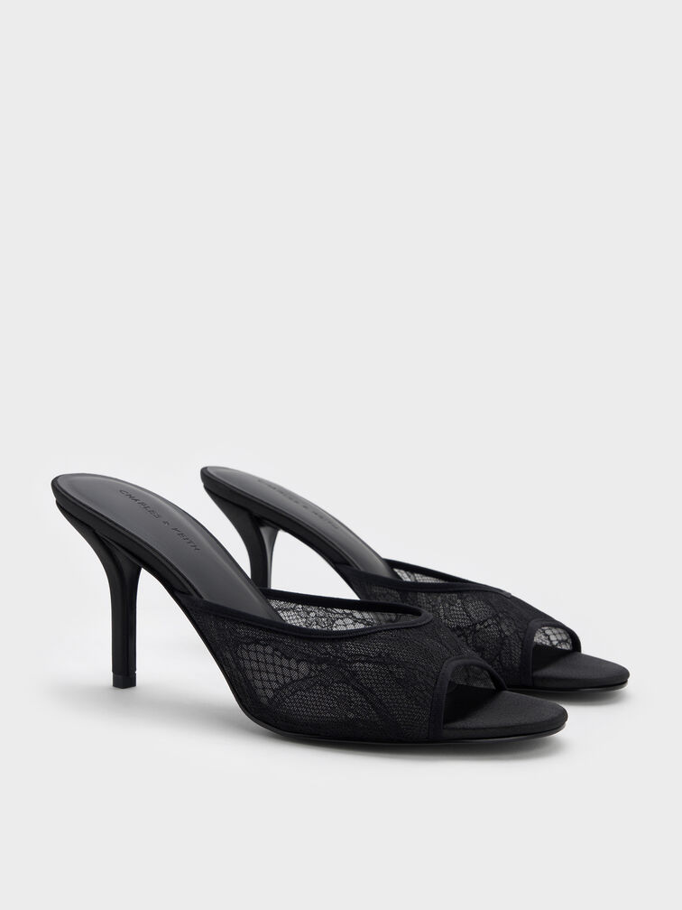 Lace Stiletto Mules, Black Textured, hi-res