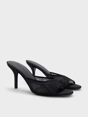 Lace Stiletto Mules, Black Textured, hi-res