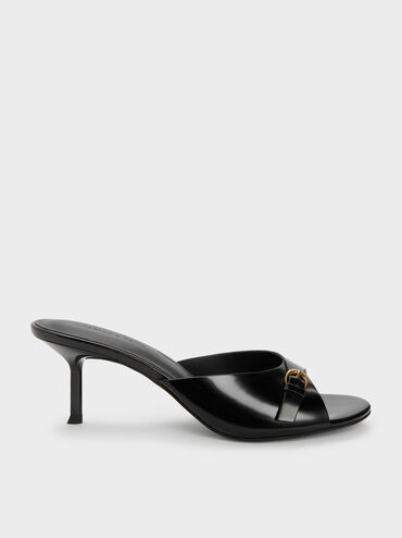 Buckled-Strap Heeled Mules, Black Box, hi-res
