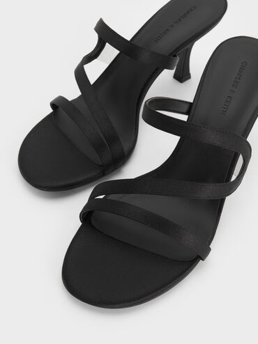 Arden Satin Wavy Heeled Mules, Black Textured, hi-res