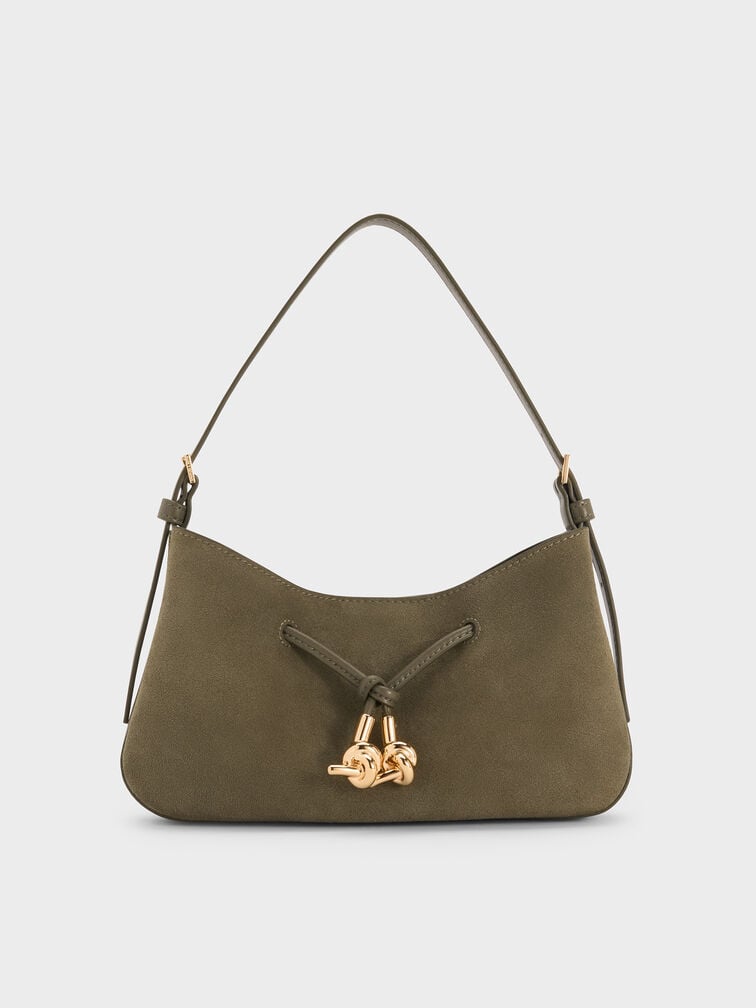 Mila Recycled Suede Shoulder Bag, Deep Olive, hi-res