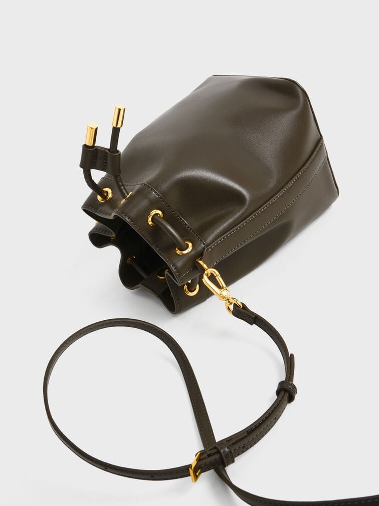 Braided-Handle Drawstring Bucket Bag, Dark Moss, hi-res