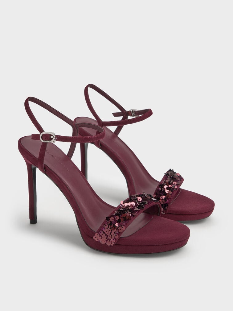 Sequinned Ankle-Strap Stiletto Sandals, Burgundy, hi-res