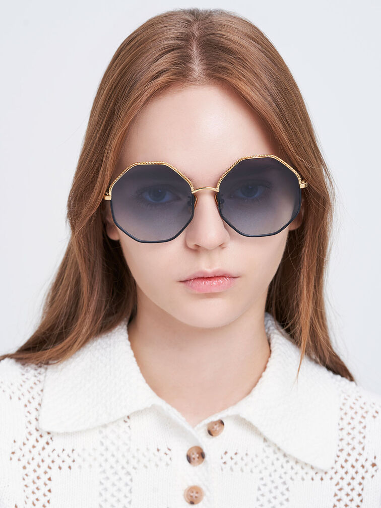Hexagonal Wire-Frame Sunglasses, Black, hi-res