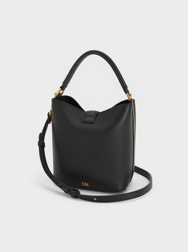 Gabine Leather Belted Top-Handle Bucket Bag, Black, hi-res