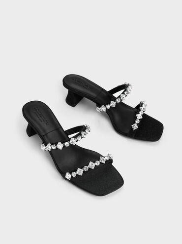 Glittered Gem-Encrusted Sculptural Heel Mules, Black, hi-res
