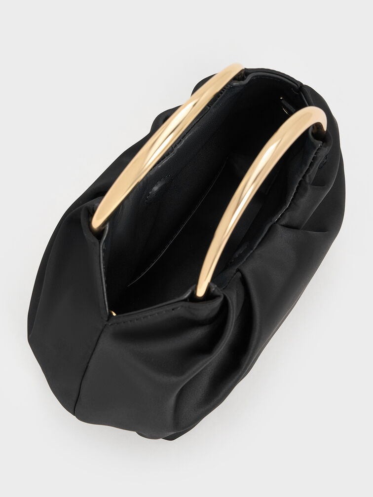 Satin Ruched Ring-Handle Bag, Black, hi-res