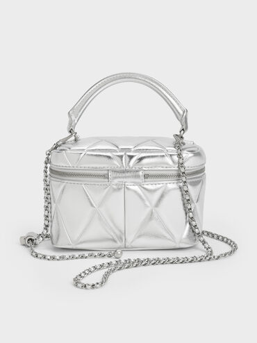 Arwen Metallic Quilted Top Handle Vanity Bag, Silver, hi-res