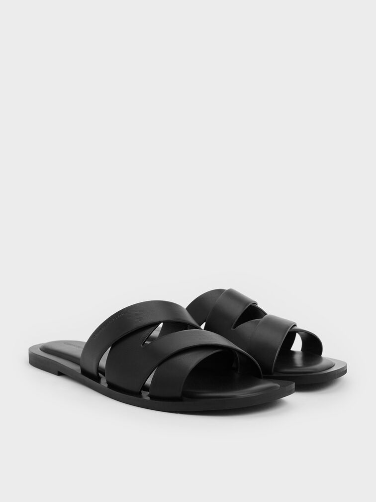 Strappy Crossover Slide Sandals, Black, hi-res