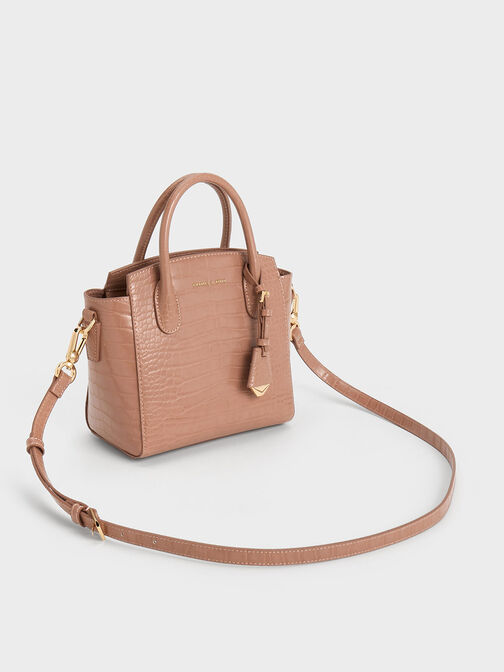 Croc-Effect Trapeze Tote Bag, Blush, hi-res