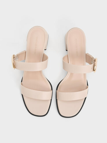 Oval Buckle-Accent Trapeze-Heel Mules, Nude, hi-res