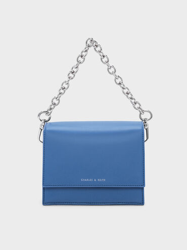 Front Flap Chain Detail Bag, Blue, hi-res