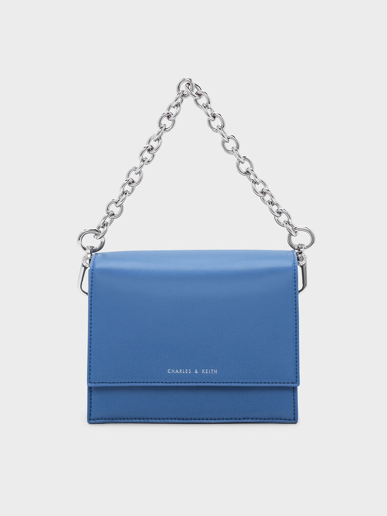 Front Flap Chain Detail Bag, Blue, hi-res
