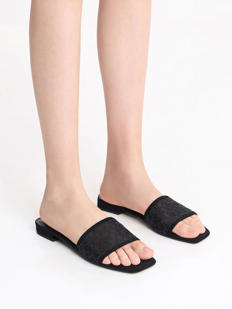Bead-Embellished Mesh Flat Sandals, Black, hi-res