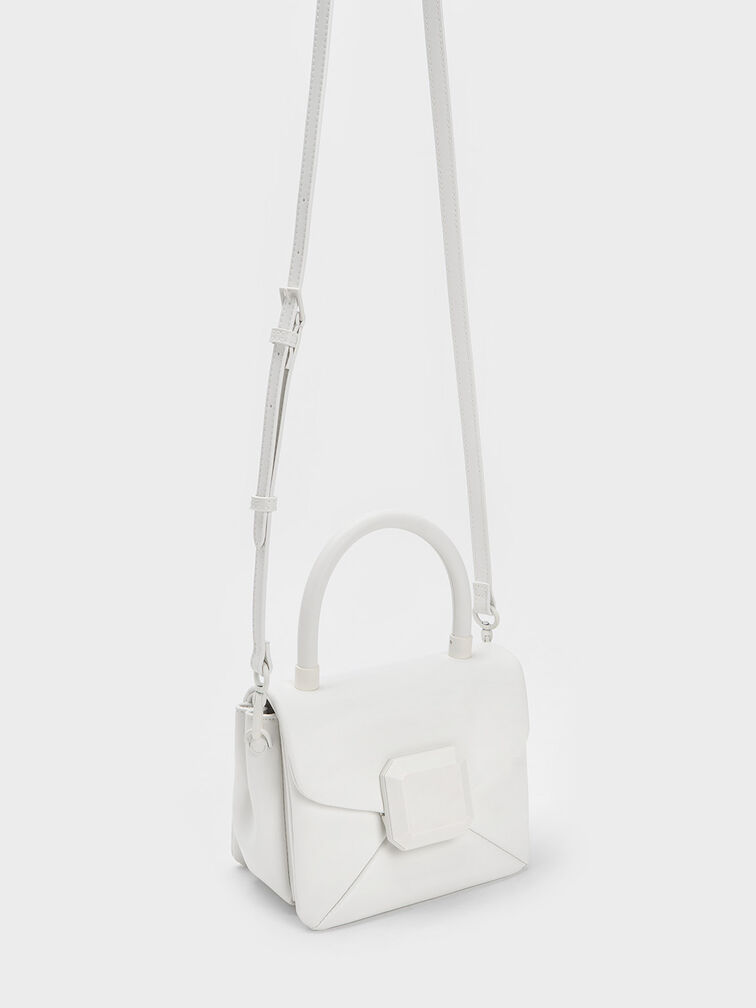 Geometric Push-Lock Top Handle Bag, White, hi-res