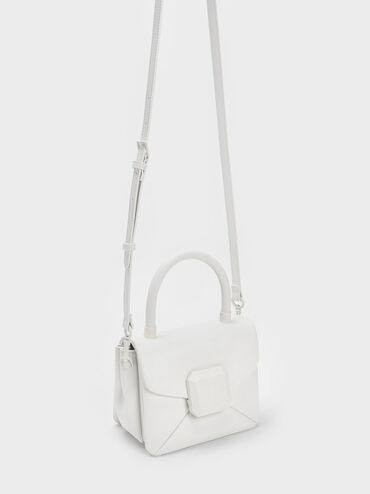 Geometric Push-Lock Top Handle Bag, White, hi-res