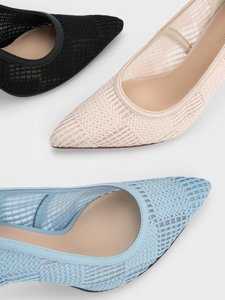 Mesh Woven Pointed-Toe Pumps, Black Textured, hi-res