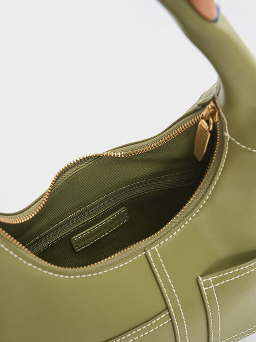 Anthea Contrast-Trim Curved Hobo Bag, Olive, hi-res