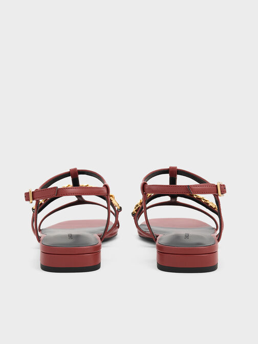 T-Bar Chain-Link Sandals, Red, hi-res