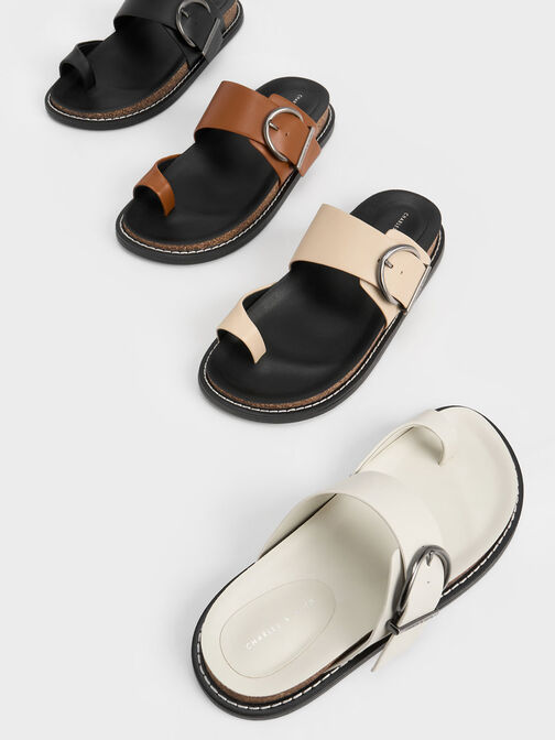 Metallic Buckle Toe-Ring Sandals, Black, hi-res