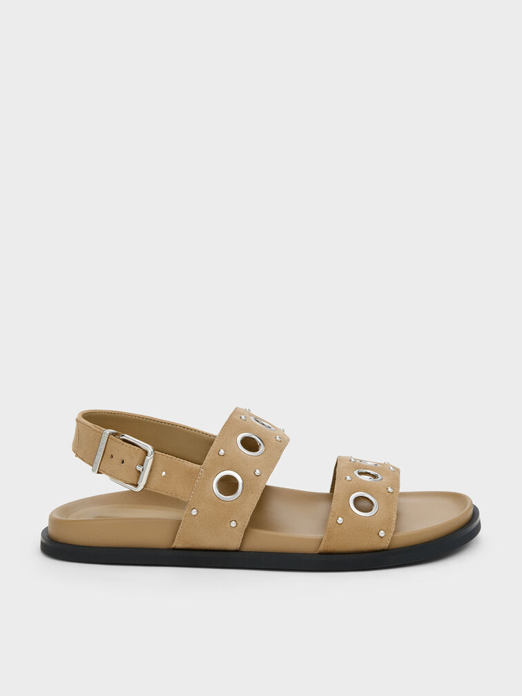Faux Suede Grommet Crossover Slingback Sandals, Sand, hi-res