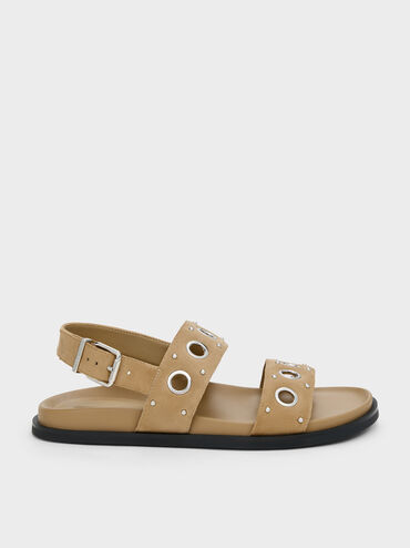 Faux Suede Grommet Crossover Slingback Sandals, Sand, hi-res