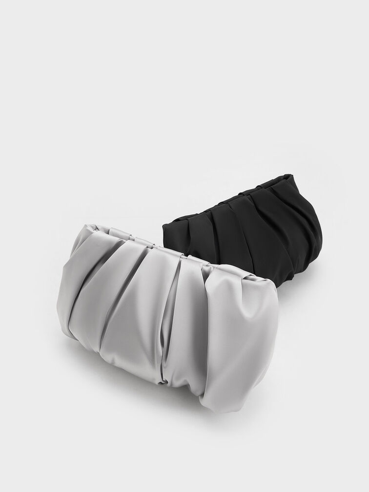 Satin Ruched Bead-Handle Bag, Silver, hi-res