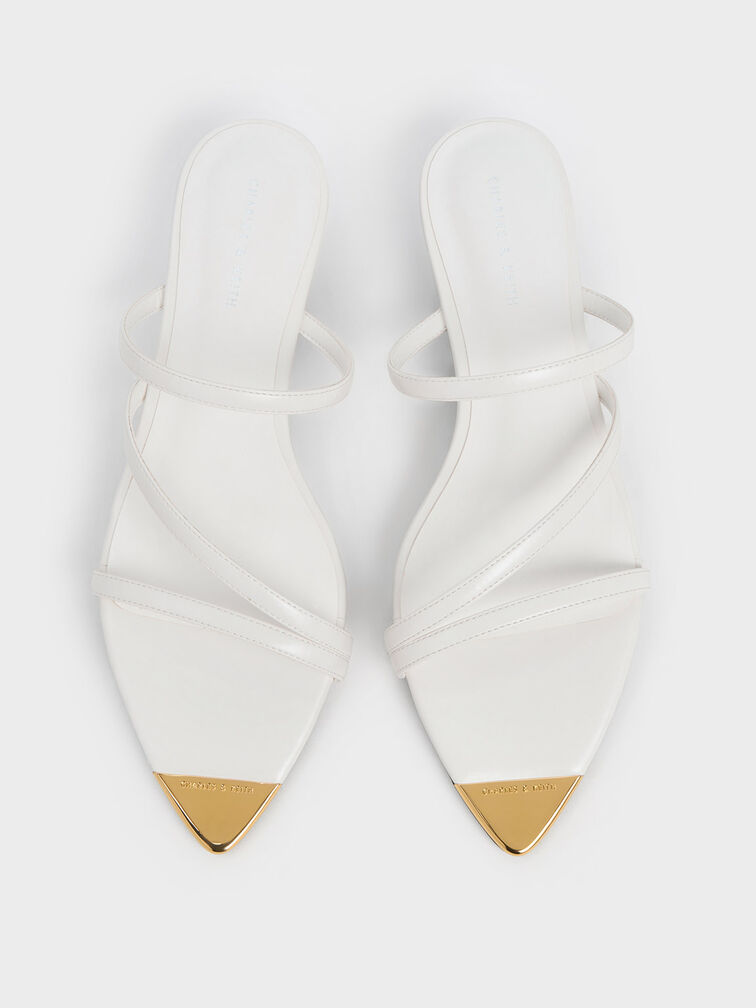 Metallic Cap Strappy Sandals, White, hi-res