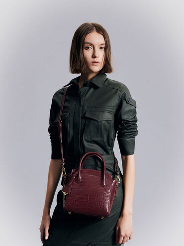 Harper Croc-Effect Structured Top Handle Bag, Burgundy, hi-res