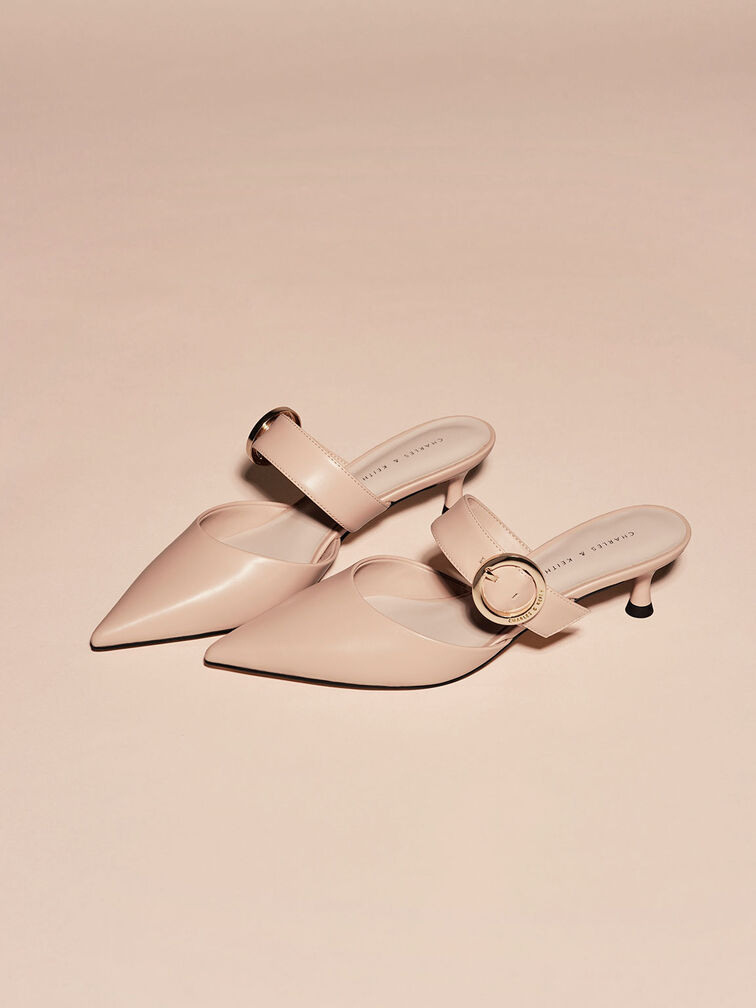 Buckled Strap Spool Heel Mules, Nude, hi-res