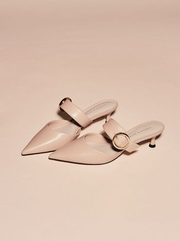 Buckled Strap Spool Heel Mules, Nude, hi-res
