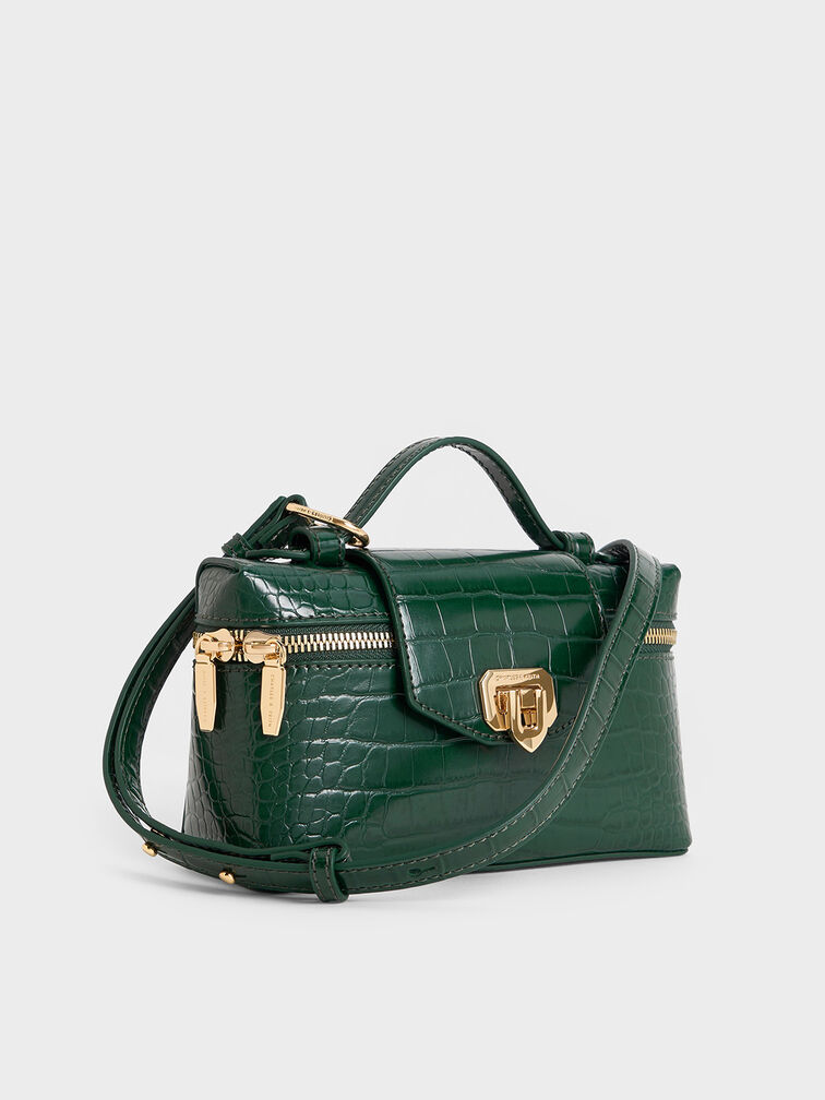Arwen Croc-Effect Top Handle Vanity Bag, Dark Green, hi-res