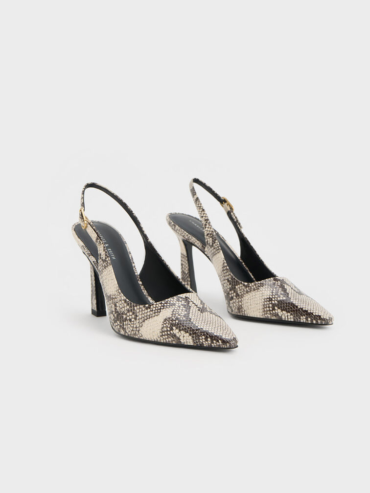 Snake-Print Trapeze Heel Slingback Pumps, Animal Print Natural, hi-res