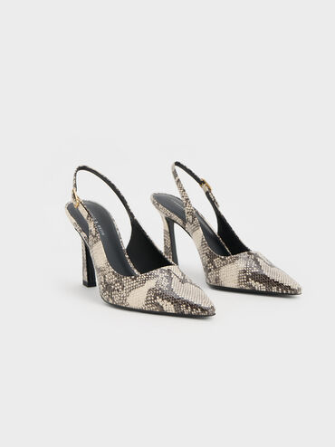 Snake-Print Trapeze Heel Slingback Pumps, Animal Print Natural, hi-res
