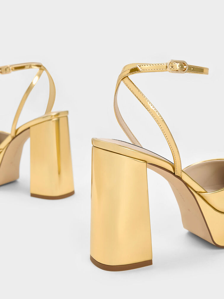 Metallic Platform Ankle-Strap Pumps, Gold, hi-res